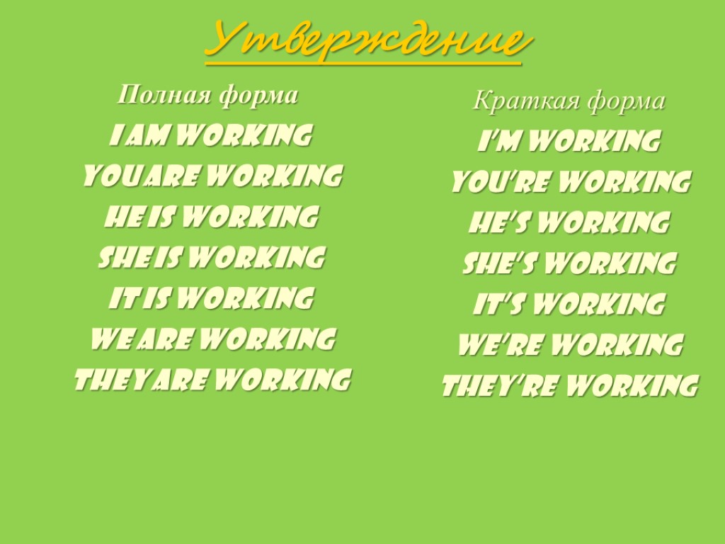 Утверждение Полная форма I am working You are working He is working She is